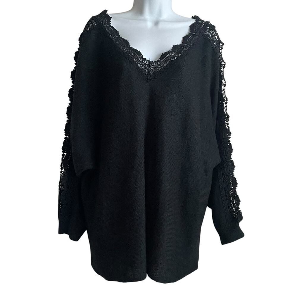Cato Women Tunic Sweater 22/24 Black Crochet Lace Cut Out Sleeve Whimsigoth Boho